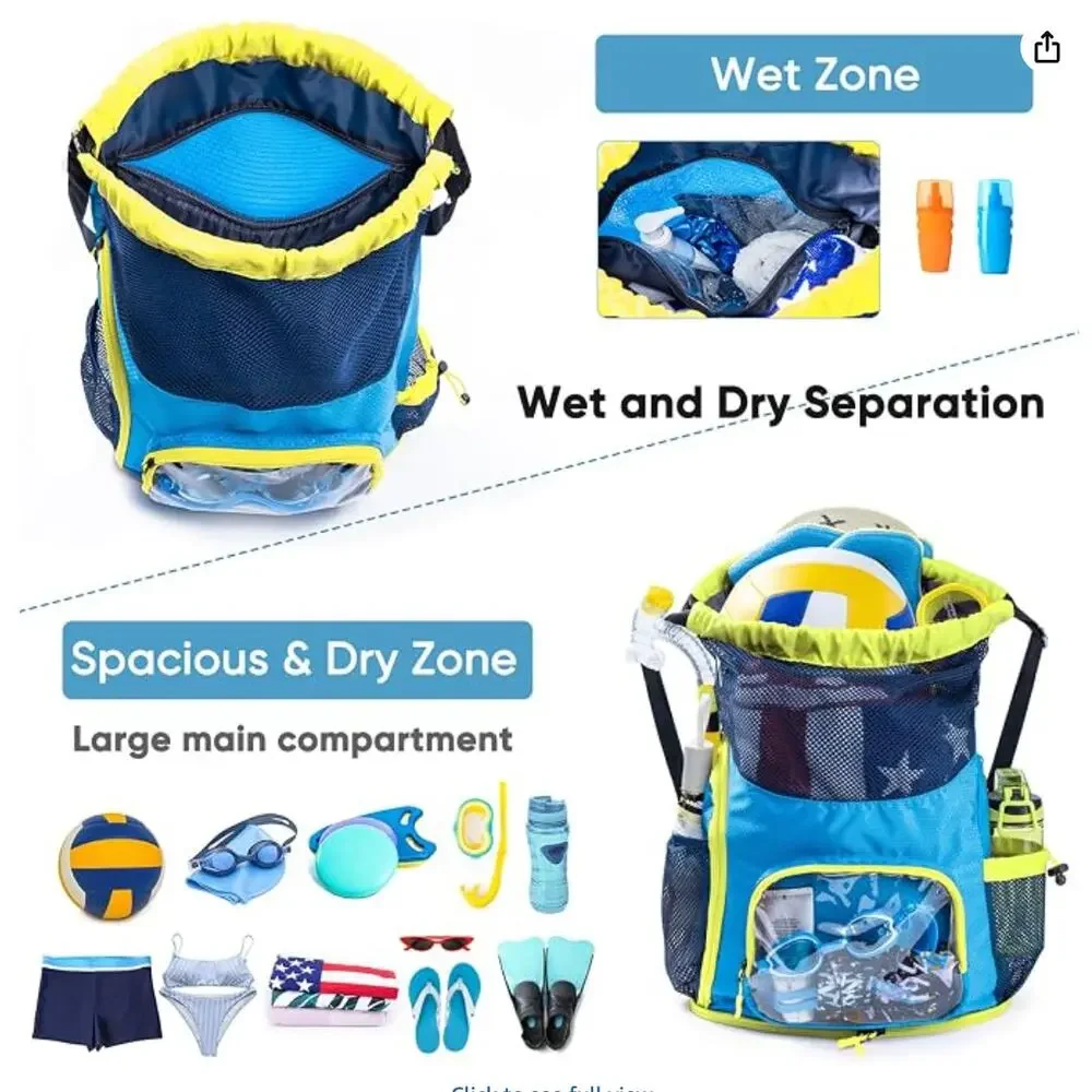 Mesh Drawstring Backpack with Shoe Compartment, Swim Bag with Wet Pocket- Blue